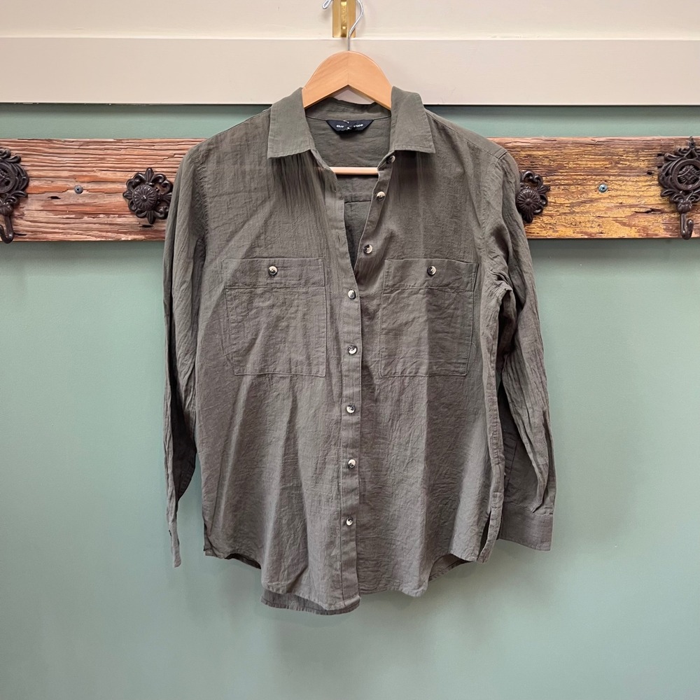 Club Monaco Olive Green 100% Cotton Crinkle Utility‎ Button Down Shirt Womens S